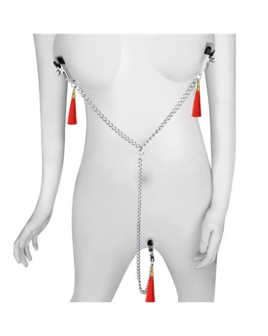 Зажими для сосків та клітора - Bondage Fetish Nipple Clit Tassel Clamp With Chain Red Зажими для сосків та клітора - Bondage Fetish Nipple Clit Tassel Clamp With Chain Red