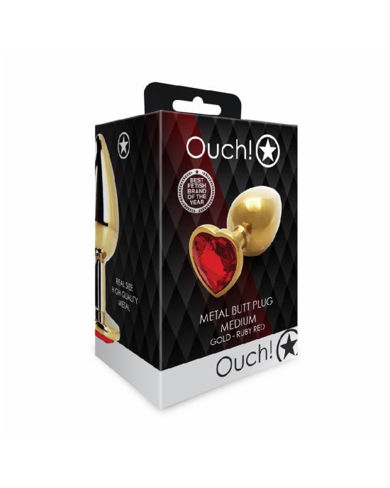 Анальна пробка - Ouch! Metal Butt Plug Medium Gold/Ruby Red Анальна пробка - Ouch! Metal Butt Plug Medium Gold/Ruby Red