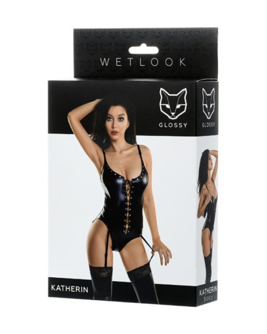 Боді Glossy Katherin з матеріалу Wetlook на шнурівці, чорне S Боді Glossy Katherin з матеріалу Wetlook на шнурівці, чорне S