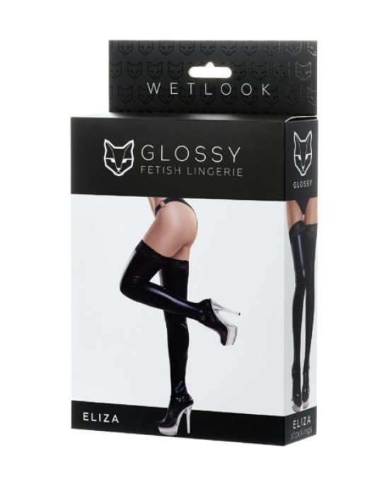 Панчохи Glossy Eliza з матеріалу Wetlook зі вставкою з мережива, чорний XL Панчохи Glossy Eliza з матеріалу Wetlook зі вставкою з мережива, чорний XL