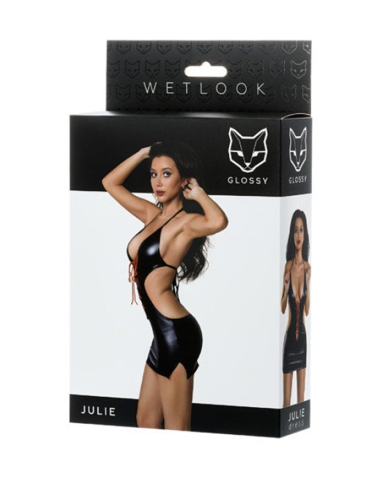 Плаття Glossy Julie з матеріалу Wetlook з червоною шнурівкою, чорне XL Плаття Glossy Julie з матеріалу Wetlook з червоною шнурівкою, чорне XL