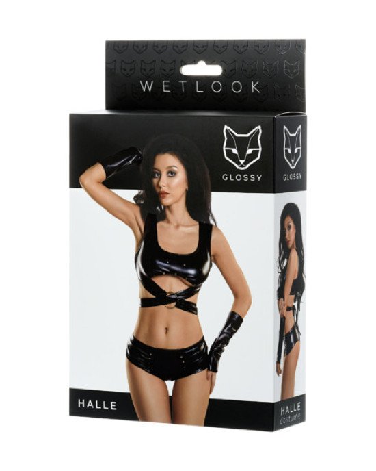 Комплект Glossy Halle з матеріалу Wetlook (топ, міні-шорти та рукавички), чорний L Комплект Glossy Halle з матеріалу Wetlook (топ, міні-шорти та рукавички), чорний L