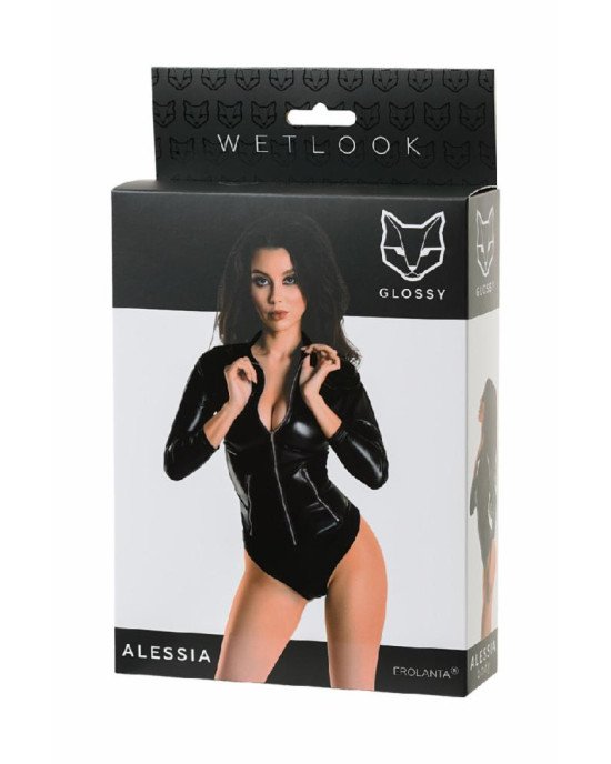 Боді Glossy Alessia з матеріалу Wetlook на блискавці, чорне S Боді Glossy Alessia з матеріалу Wetlook на блискавці, чорне S