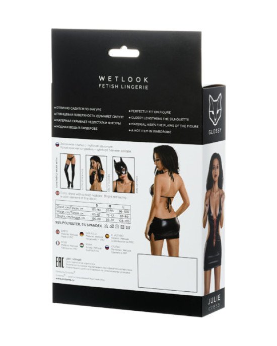 Плаття Glossy Julie з матеріалу Wetlook з червоною шнурівкою, чорне L Плаття Glossy Julie з матеріалу Wetlook з червоною шнурівкою, чорне L