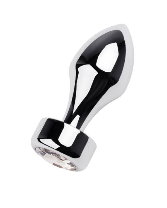 Silver anal plug TOYFA Metal with white round-shaped gem, length 8,2 cm, diameter 2,5-3,8 cm, weight Silver anal plug TOYFA Metal with white round-shaped gem, length 8,2 cm, diameter 2,5-3,8 cm, weight