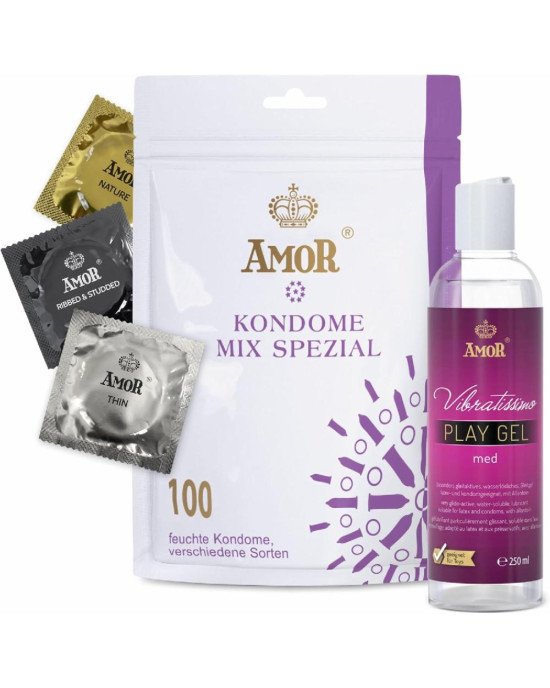 Презервативи та лубрикант - Amor Set Mix Condom, 100 шт. and Vibratissimo Play Gel Med, 250 мл Презервативи та лубрикант - Amor Set Mix Condom, 100 шт. and Vibratissimo Play Gel Med, 250 мл