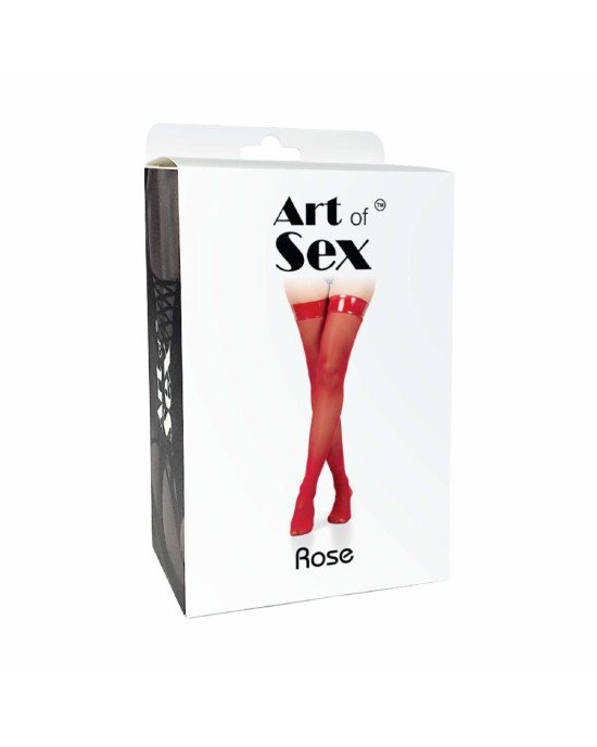 Панчохи в дрібну сітку з лакованою коронкою Art of Sex - Rose, колір чорний, М Панчохи в дрібну сітку з лакованою коронкою Art of Sex - Rose, колір чорний, М