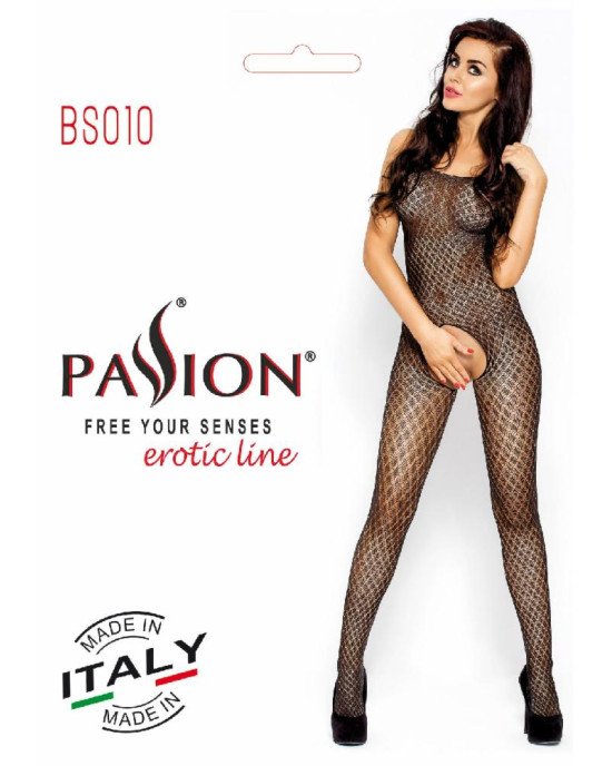 Бодістокінг Passion BS010 black, комбінезон, дрібна сіточка