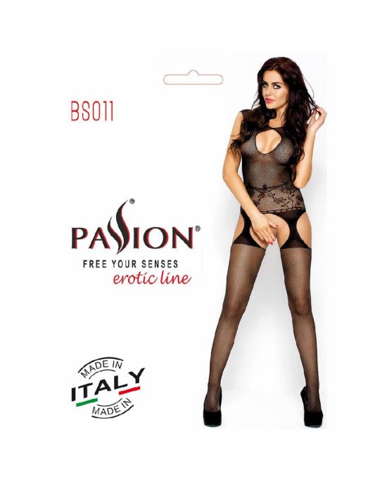 Бодістокінг Passion BS011 black, комбінезон, імітація панчіх і пояса Бодістокінг Passion BS011 black, комбінезон, імітація панчіх і пояса