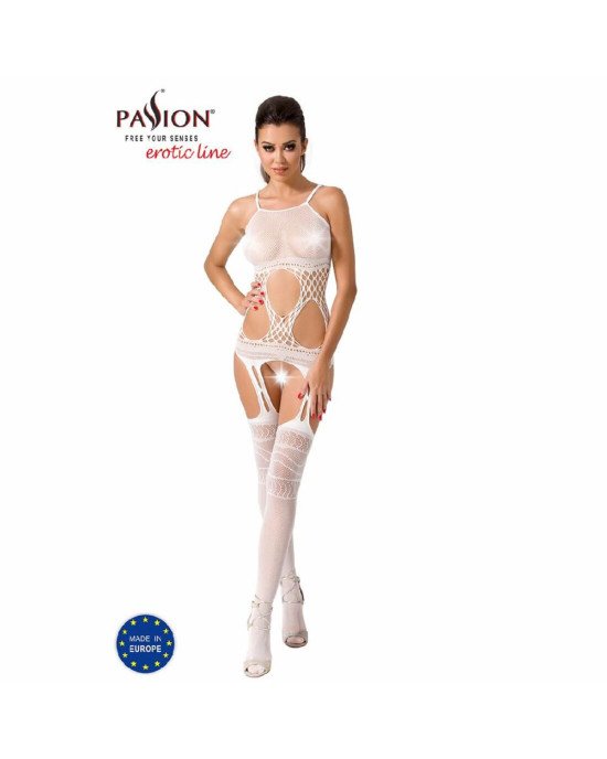 Бодістокінг Passion BS047 white, комбінезон, імітація топа, панчох і пояса Бодістокінг Passion BS047 white, комбінезон, імітація топа, панчох і пояса