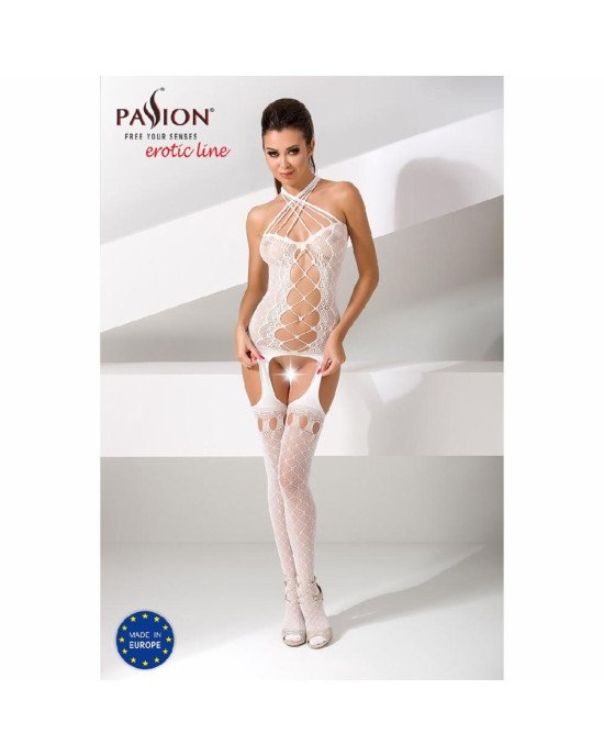 Бодістокінг Passion BS056 white, комбінезон, імітація панчох Бодістокінг Passion BS056 white, комбінезон, імітація панчох