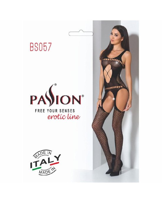 Бодістокінг Passion BS057 black, комбінезон, імітація панчох і пояса Бодістокінг Passion BS057 black, комбінезон, імітація панчох і пояса