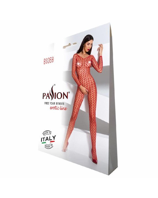 Бодістокінг Passion BS068 red, комбінезон, велика сітка, довгий рукав Бодістокінг Passion BS068 red, комбінезон, велика сітка, довгий рукав