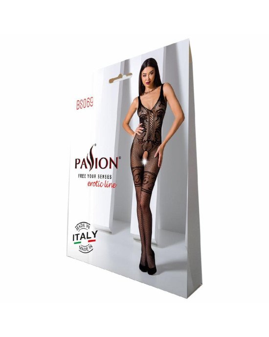 Бодістокінг Passion BS069 black, комбінезон, імітація панчох і боді