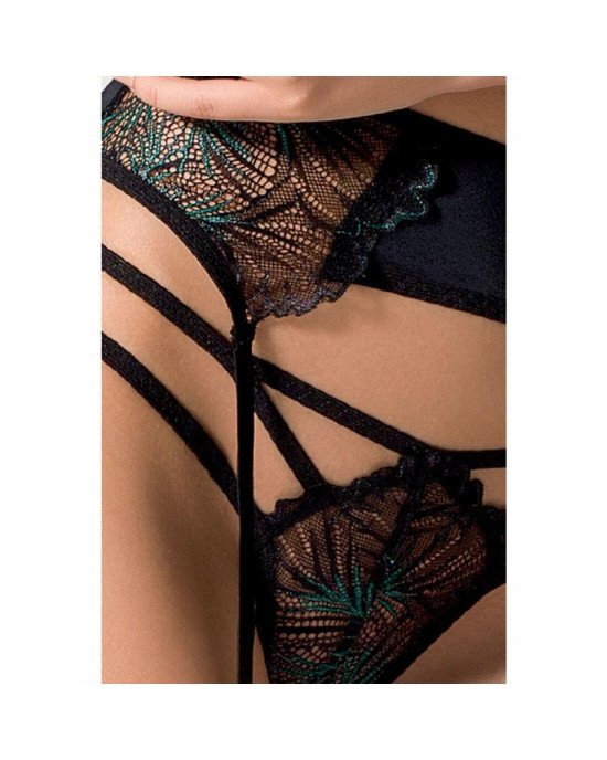 Комплект білизни FLORIS SET black XXL/XXXL - Passion Exclusive: ліф, трусики, пояс для панчох