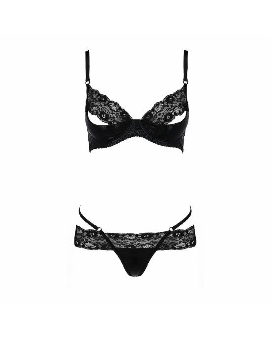 Комплект білизни NORTH SET black L/XL - Passion Exclusive: ліф і трусики з елементами під латекс