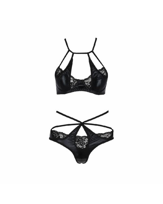 Комплект белья NAVEL SET black S/M - Passion Exclusive: трусики и лиф с элементами под латекс Комплект белья NAVEL SET black S/M - Passion Exclusive: трусики и лиф с элементами под латекс