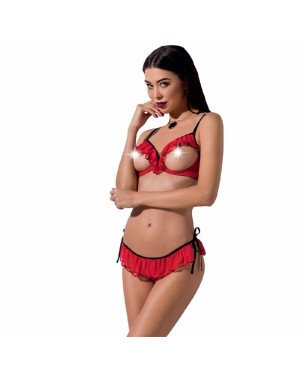 Комплект білизни CHERRY SET OpenBra red XXL/XXXL - Passion Exclusive: відкритий ліф, трусики-спіднич