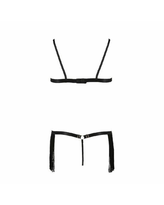 Комплект білизни KASSANDRA SET OpenBra black L/XL - Passion Exclusive: ліф з бахромою, трусики-спідн
