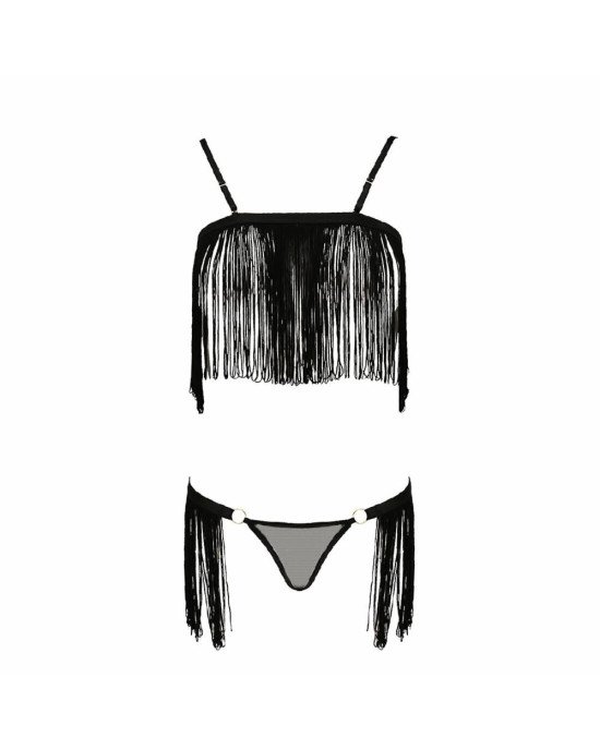 Комплект білизни KASSANDRA SET OpenBra black L/XL - Passion Exclusive: ліф з бахромою, трусики-спідн