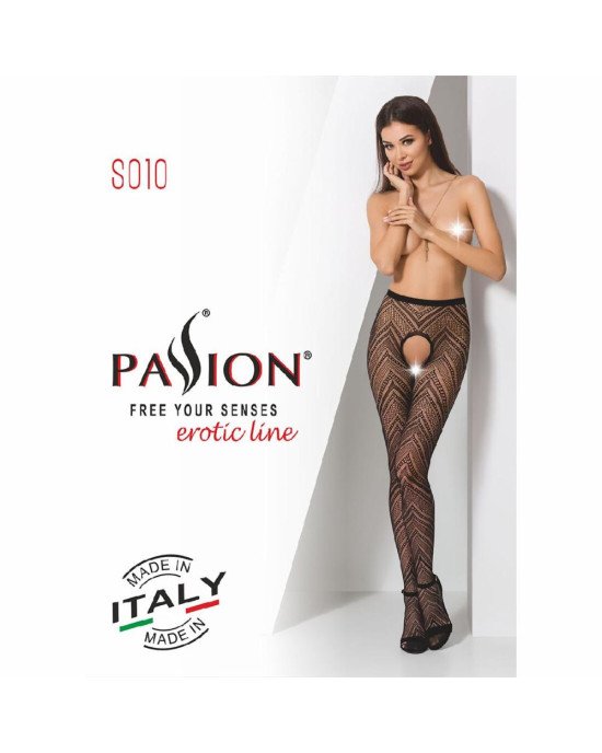 Еротичні колготки-бодістокінг Passion S010 black, з доступом, геометричний малюнок