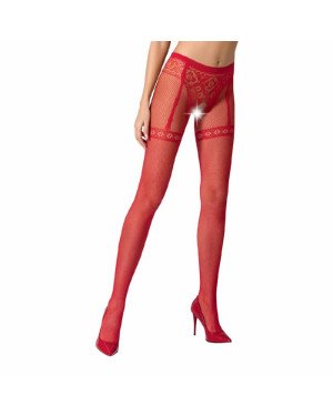 Еротичні колготки-бодістокінг Passion S012 red, імітація панчох, пояса та ажурних трусиків