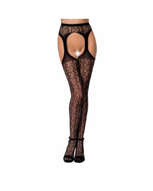 Еротичні колготки-бодістокінг Passion S014 black, імітація панчох у сіточку та пояси