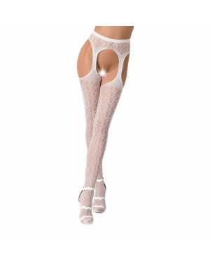 Еротичні колготки-бодістокінг Passion S014 white, імітація панчох у сіточку та пояси