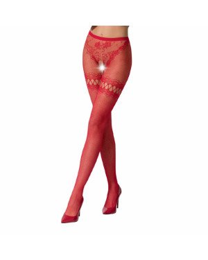 Еротичні колготки-бодістокінг Passion S015 red, імітація панчох у сіточку та трусиків з доступом