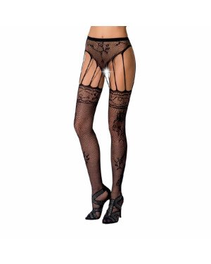 Еротичні колготки-бодістокінг Passion S016 black, імітація ажурних з доступом трусиків та панчох