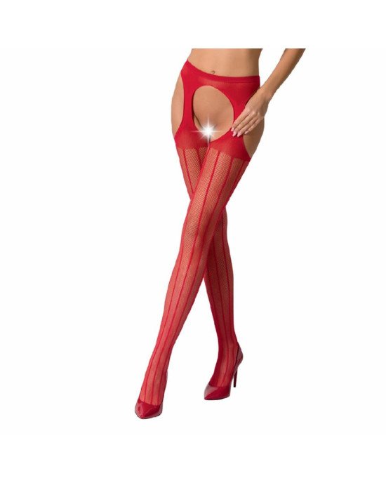 Еротичні колготки-бодістокінг Passion S018 red, імітація панчох з вертикальними смужками та пояс Еротичні колготки-бодістокінг Passion S018 red, імітація панчох з вертикальними смужками та пояс