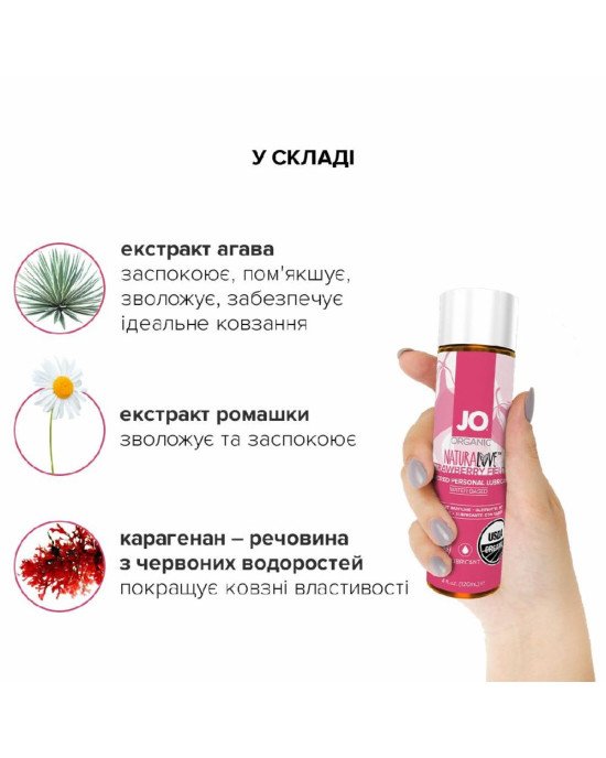 Змазка на водній основі System JO NATURALOVE Strawberry (120 мл) з екстрактом ромашки та листя агави Змазка на водній основі System JO NATURALOVE Strawberry (120 мл) з екстрактом ромашки та листя агави