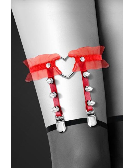 Гартер на ногу Bijoux Pour Toi - WITH HEART AND SPIKES Red, сексуальна підв'язка з сердечком Гартер на ногу Bijoux Pour Toi - WITH HEART AND SPIKES Red, сексуальна підв'язка з сердечком