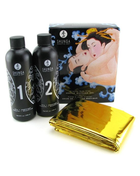 Гель для NURU масажу Shunga Oriental Body-to-Body – Exotic Fruits (2 x 225 мл) плюс простирадло Гель для NURU масажу Shunga Oriental Body-to-Body – Exotic Fruits (2 x 225 мл) плюс простирадло