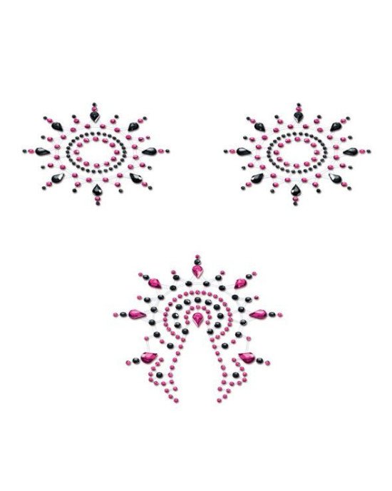 Пестіс з кристалів Petits Joujoux Gloria set of 3 - Black/Pink, прикраса на груди та вульву Пестіс з кристалів Petits Joujoux Gloria set of 3 - Black/Pink, прикраса на груди та вульву