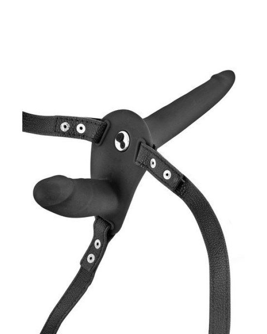 Подвійний страпон з вібрацією Fetish Tentation Vibrating Strap-On with Double Dildo Black Подвійний страпон з вібрацією Fetish Tentation Vibrating Strap-On with Double Dildo Black