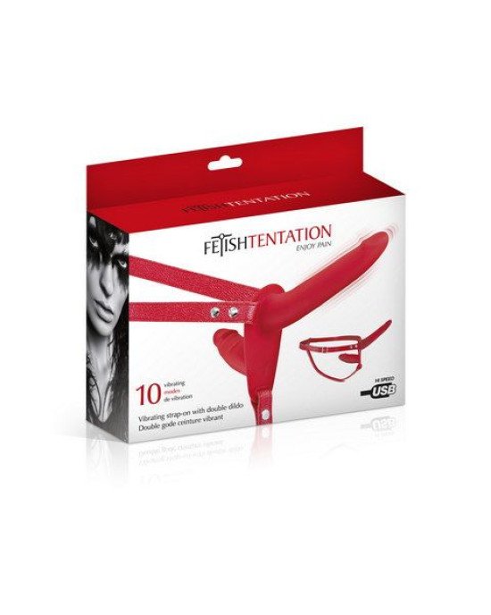 Подвійний страпон з вібрацією Fetish Tentation Vibrating Strap-On with Double Dildo Red Подвійний страпон з вібрацією Fetish Tentation Vibrating Strap-On with Double Dildo Red