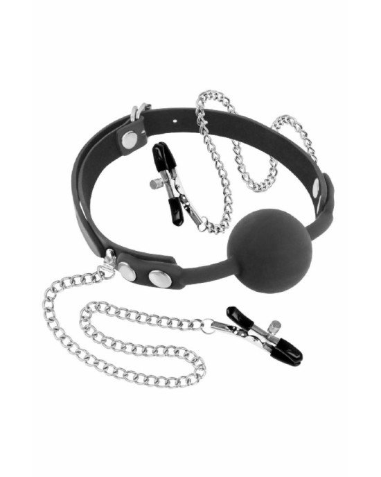 Кляп з силіконовою кулькою і затискачами для сосків Fetish Tentation Gag Ball with Nipple Clamps Кляп з силіконовою кулькою і затискачами для сосків Fetish Tentation Gag Ball with Nipple Clamps