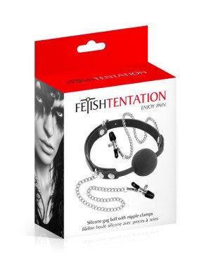 Кляп з силіконовою кулькою і затискачами для сосків Fetish Tentation Gag Ball with Nipple Clamps
