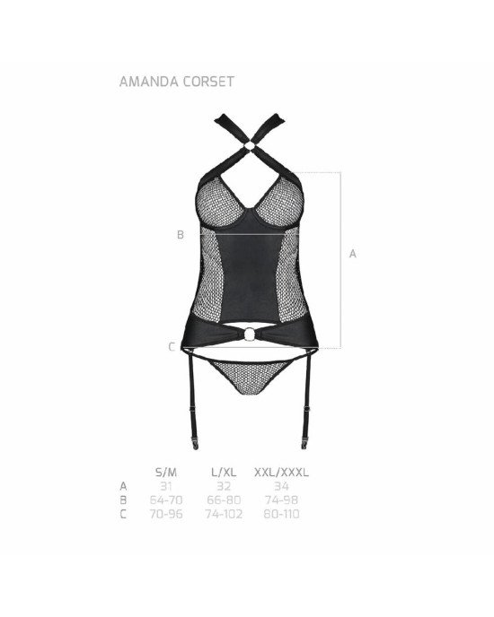 Сітчастий комплект корсет з халтером, зйомні підв'язки та трусики Amanda Corset black L/XL - Passion Сітчастий комплект корсет з халтером, зйомні підв'язки та трусики Amanda Corset black L/XL - Passion