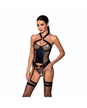 Сітчастий комплект корсет з халтером, зйомні підв'язки та трусики Amanda Corset black XXL/XXXL - Pas