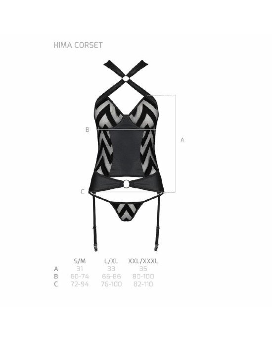 Сітчастий комплект із візерунком Hima Corset black L/XL - Passion, корсет з халтером, підв'язки, тру
