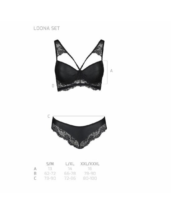 Комплект з еко-шкіри та мережива Loona Set black S/M - Passion, бра і трусики Комплект з еко-шкіри та мережива Loona Set black S/M - Passion, бра і трусики
