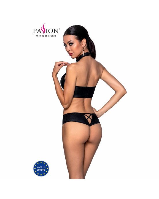 Комплект з еко-шкіри Nancy Bikini black L/XL - Passion, бра та трусики з імітацією шнурівки Комплект з еко-шкіри Nancy Bikini black L/XL - Passion, бра та трусики з імітацією шнурівки