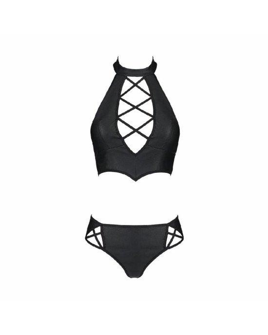 Комплект з еко-шкіри Nancy Bikini black L/XL - Passion, бра та трусики з імітацією шнурівки Комплект з еко-шкіри Nancy Bikini black L/XL - Passion, бра та трусики з імітацією шнурівки