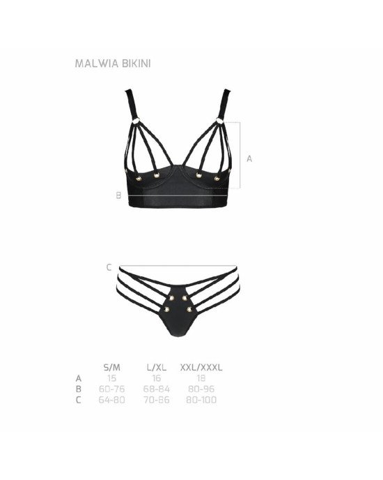 Комплект з екошкіри з люверсами та ремінцями Malwia Bikini black XXL/XXXL — Passion, бра та трусики Комплект з екошкіри з люверсами та ремінцями Malwia Bikini black XXL/XXXL — Passion, бра та трусики