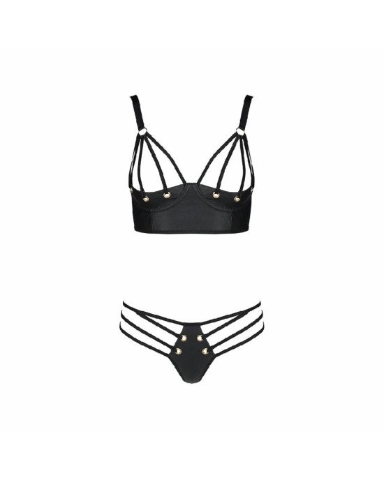 Комплект з екошкіри з люверсами та ремінцями Malwia Bikini black XXL/XXXL — Passion, бра та трусики Комплект з екошкіри з люверсами та ремінцями Malwia Bikini black XXL/XXXL — Passion, бра та трусики