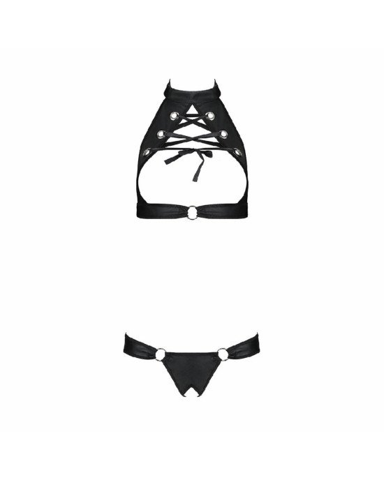 Комплект: відкритий топ та трусики з екошкіри з люверсами Malwia Set with Open Bra black L/XL — Pass Комплект: відкритий топ та трусики з екошкіри з люверсами Malwia Set with Open Bra black L/XL — Pass