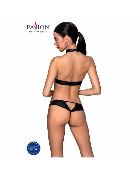 Комплект: відкритий топ та трусики з екошкіри з люверсами Malwia Set with Open Bra black L/XL — Pass Комплект: відкритий топ та трусики з екошкіри з люверсами Malwia Set with Open Bra black L/XL — Pass