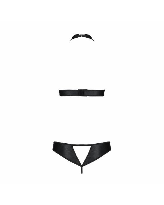 Комплект: відкритий топ та трусики з екошкіри з люверсами Malwia Set with Open Bra black L/XL — Pass Комплект: відкритий топ та трусики з екошкіри з люверсами Malwia Set with Open Bra black L/XL — Pass